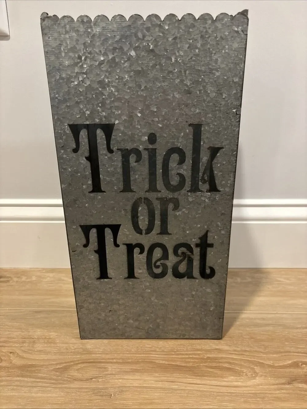 Halloween Candle Holder Galvanized Metal “Trick Or Treat” 7.5x4.75x15”